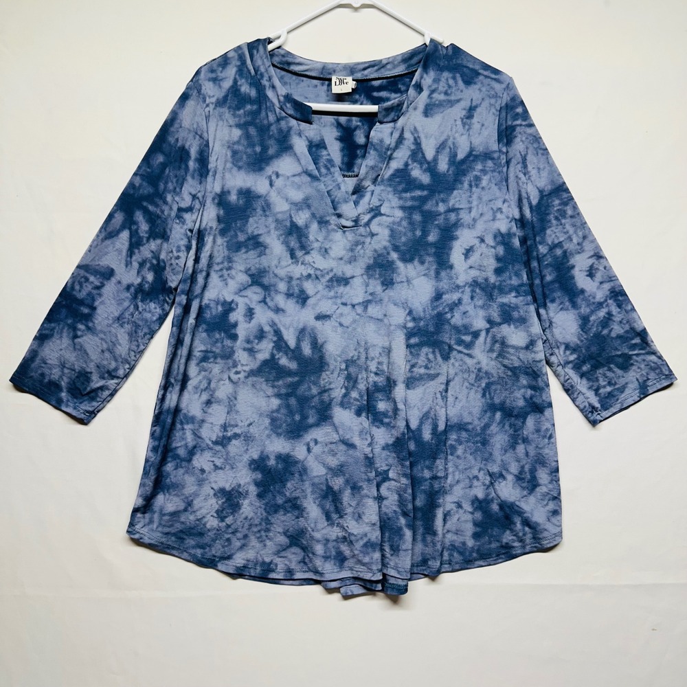 Sew‎ in Love Blue Marble 3/4 Sleeves V-neck Swing Lightweight Tunic Womens Large